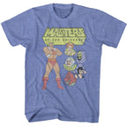 Blue t-shirt with 'Masters of the Universe' graphic design featuring characters and logo.