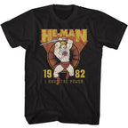 Black t-shirt with He-Man graphic and text on a white background