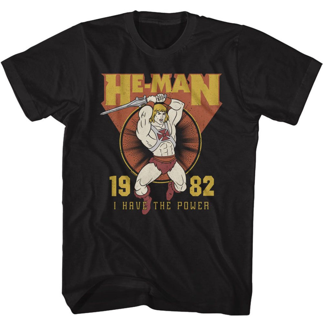 Black t-shirt with He-Man graphic and text on a white background