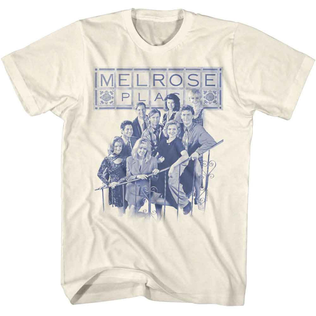 T-shirt with 'Melrose Place' graphic design featuring a group of people.