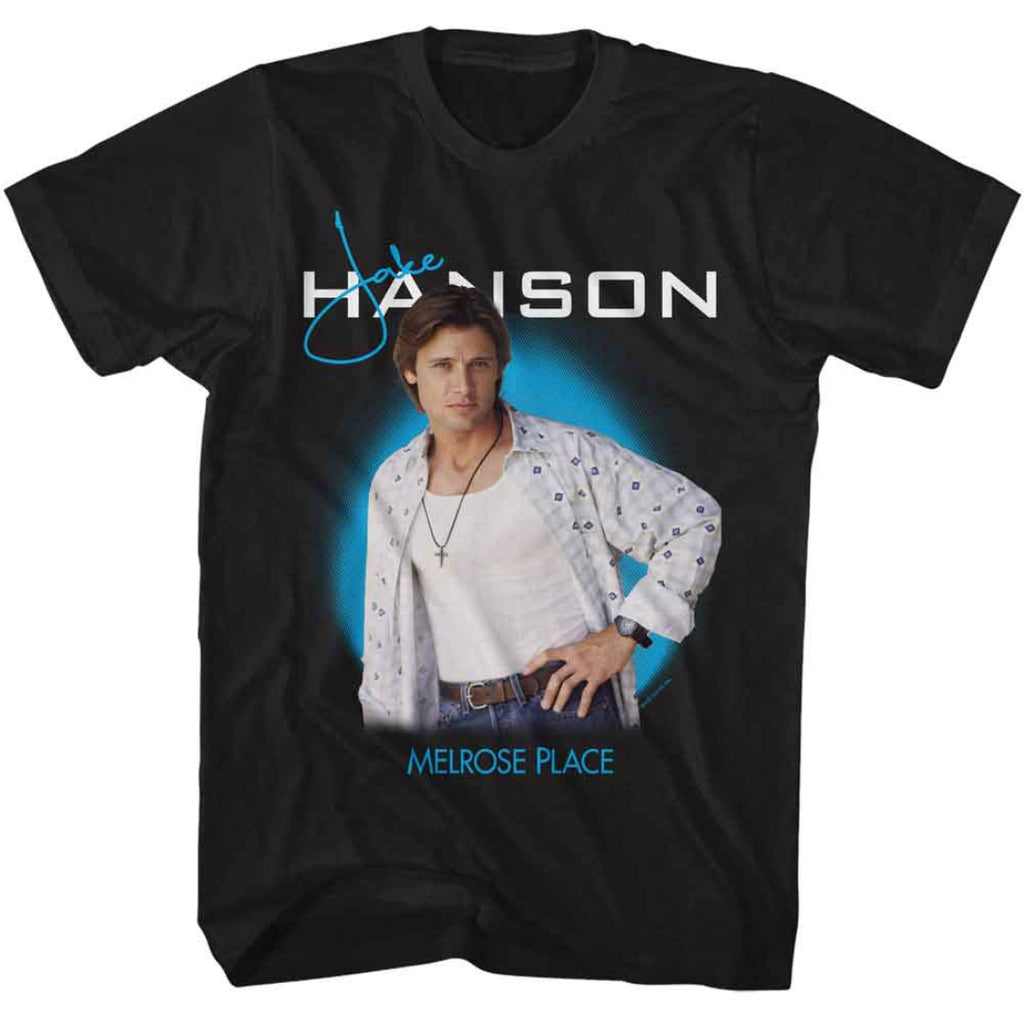 Black t-shirt with a graphic of a person and 'Jake Hanson Melrose Place' text on a white background