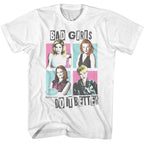 White Melrose Place t-shirt with graphic design of four women and text 'Bad Girls Do It Better' on a white background