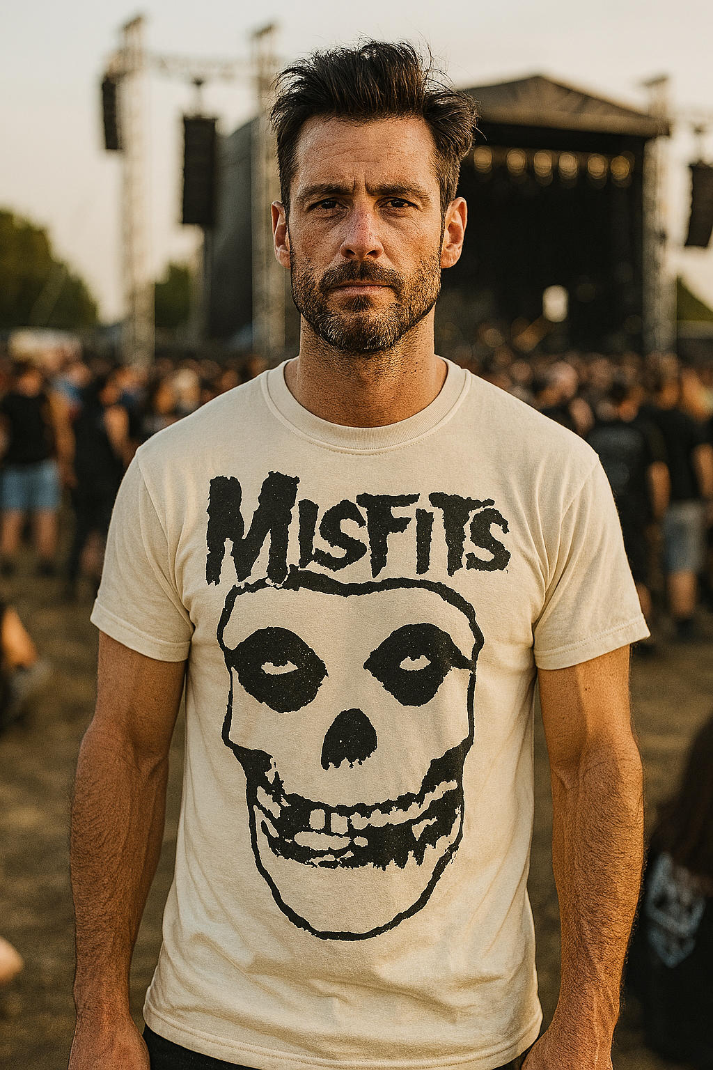 Man wearing a 'Misfits' t-shirt with a skull design at an outdoor event MSFJ501S, MSFJ501M, MSFJ501L, MSFJ501XL, MSFJ501XXL, MSFJ501XXXL, MSFJ501XXXXL