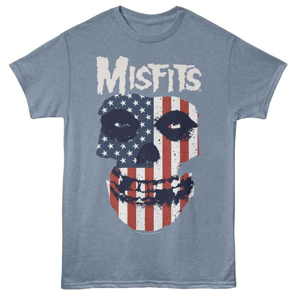 Blue t-shirt with a graphic design of a skull with American flag pattern and 'Misfits' text on a white background.