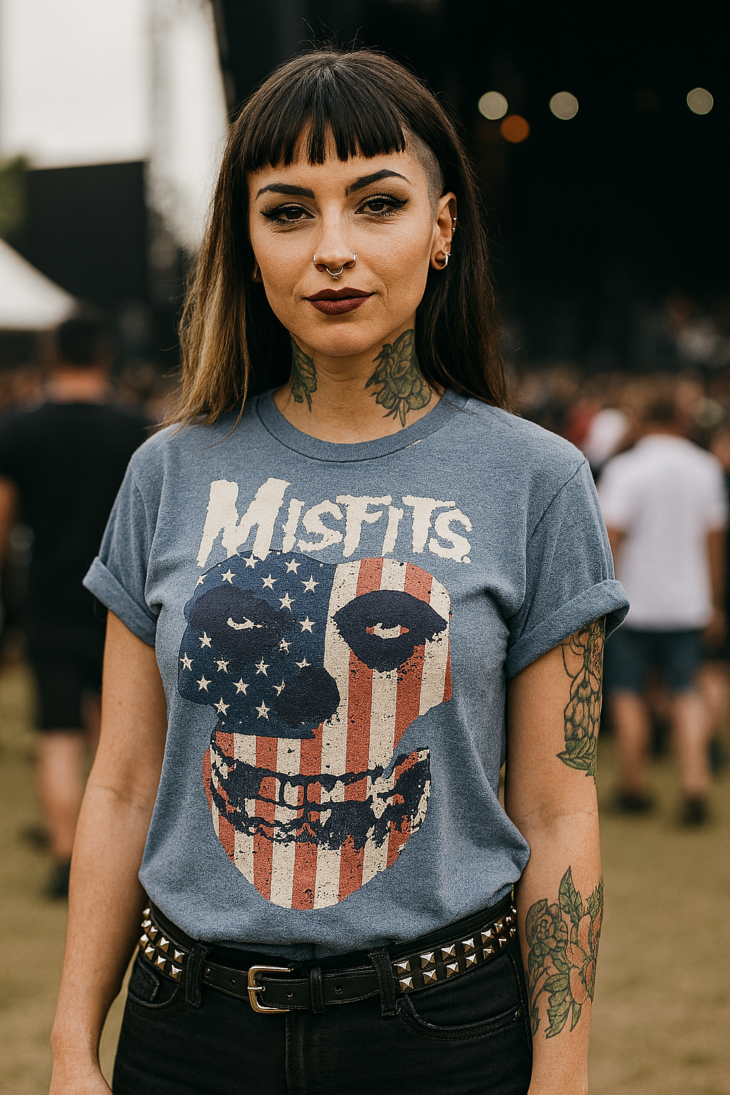 Punk girl wearing a 'Misfits' t-shirt with an American flag design at a music festival MSFJ502S, MSFJ502M, MSFJ502L, MSFJ502XL, MSFJ502XXL