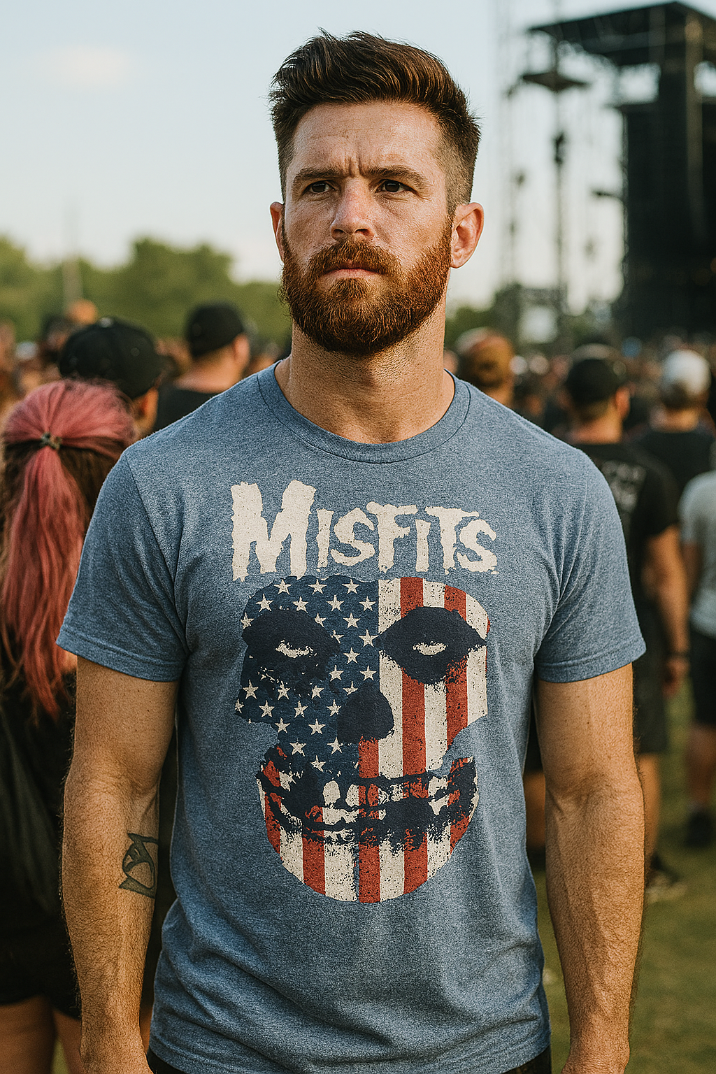 Man wearing a 'Misfits' t-shirt with a graphic design at a music festival MSFJ502S, MSFJ502M, MSFJ502L, MSFJ502XL, MSFJ502XXL