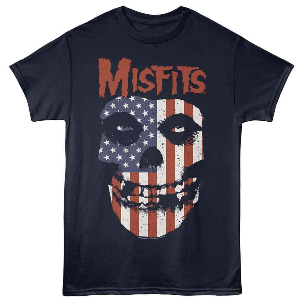 Navy blue t-shirt with 'Misfits' logo featuring a skull with American flag design on a white background