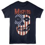 Navy blue t-shirt with 'Misfits' logo featuring a skull with American flag design on a white background