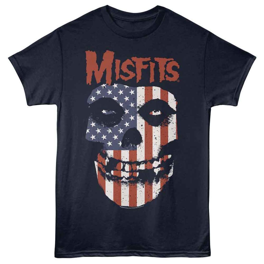 Navy blue t-shirt with 'Misfits' logo featuring a skull with American flag design on a white background