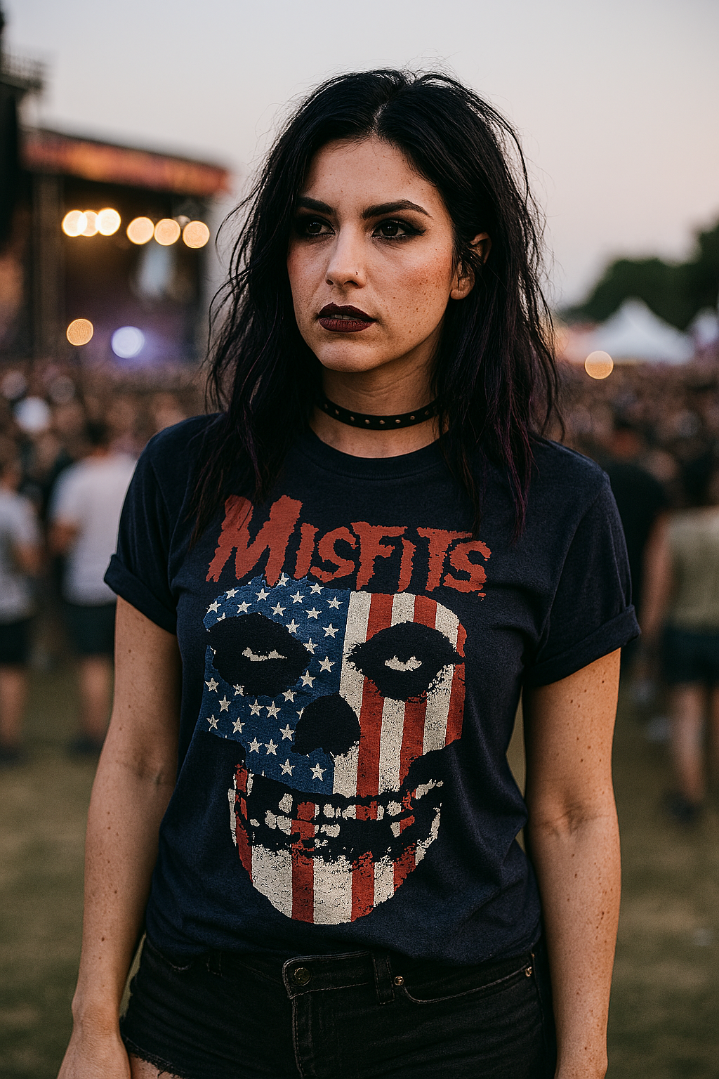 Person wearing a 'Misfits' t-shirt with a skull design at an outdoor event MSFJ503S, MSFJ503M, MSFJ503L, MSFJ503XL, MSFJ503XXL, MSFJ503XXXL, MSFJ503XXXXL, MSFJ503XXXXXL
