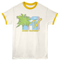 White t-shirt with yellow ringer sleeves featuring a palm tree and 'MTV Music Television' logo.