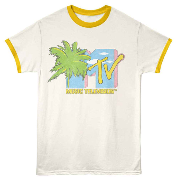 White t-shirt with yellow ringer sleeves featuring a palm tree and 'MTV Music Television' logo.