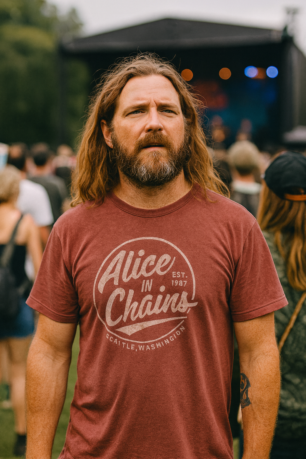 Man wearing Alice in Chains Comfort Color tee AIC526-CCS, AIC526-CCM, AIC526-CCL, AIC526-CCXL, AIC526-CCXXL