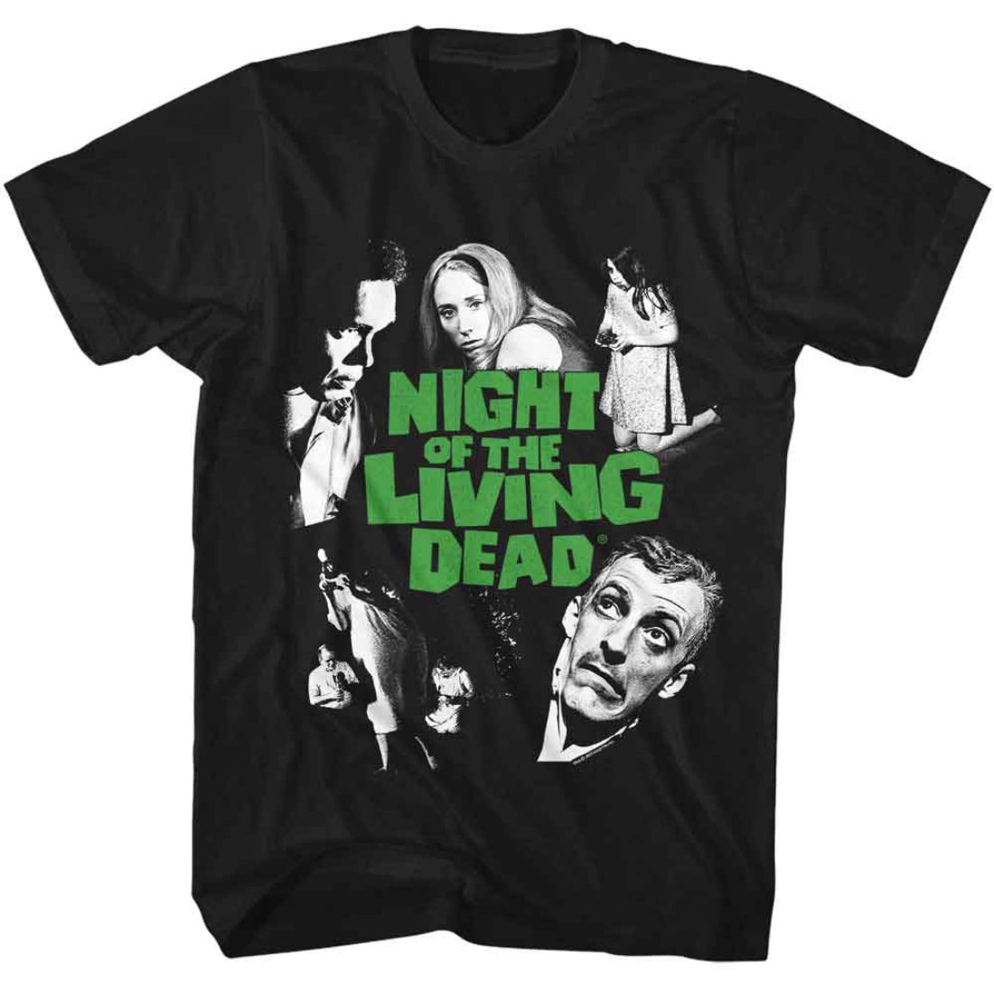 Black t-shirt with 'Night of the Living Dead' graphic design featuring characters and green text.