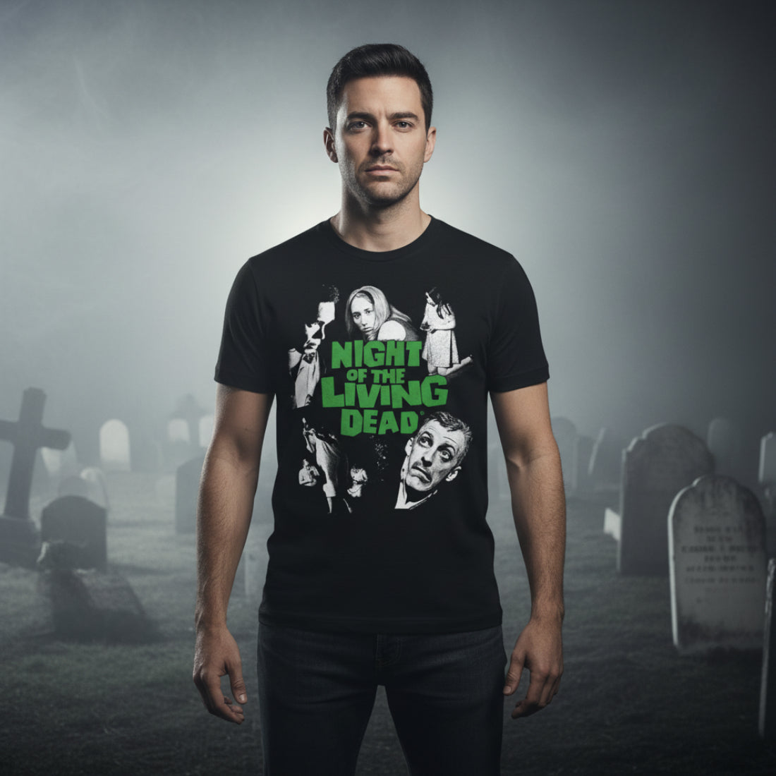 Man wearing Black t-shirt with 'Night of the Living Dead' graphic design featuring characters and green text. NLD501S, NLD501M, NLD501L, NLD501XL, NLD501XXL, NLD501XXXL, NLD501XXXXL, NLD501XXXXXL