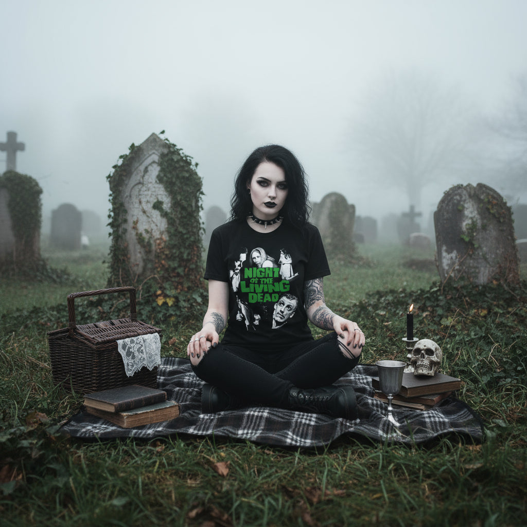Goth girl wearing Black t-shirt with 'Night of the Living Dead' graphic design featuring characters and green text NLD501S, NLD501M, NLD501L, NLD501XL, NLD501XXL, NLD501XXXL, NLD501XXXXL, NLD501XXXXXL