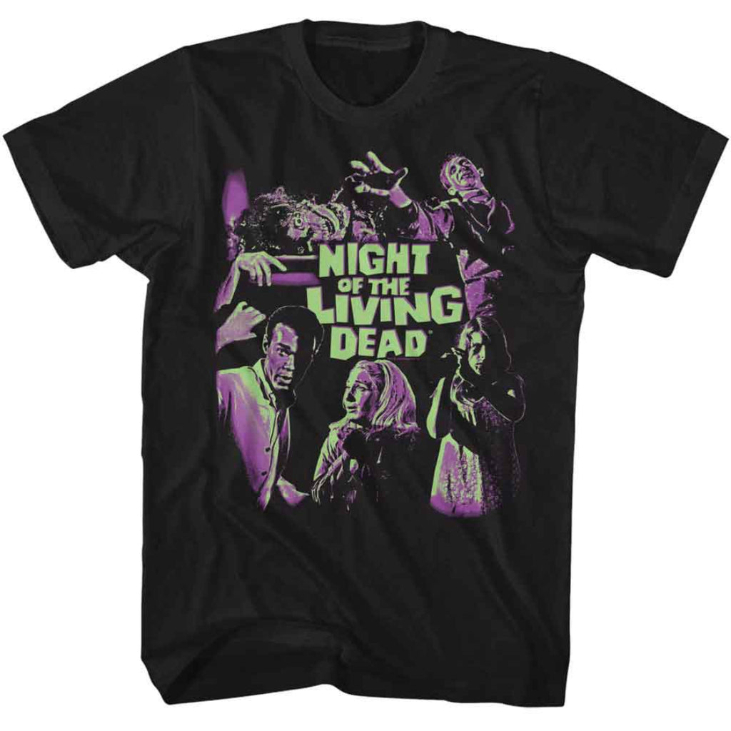 Black t-shirt with 'Night of the Living Dead' graphic design on a white background