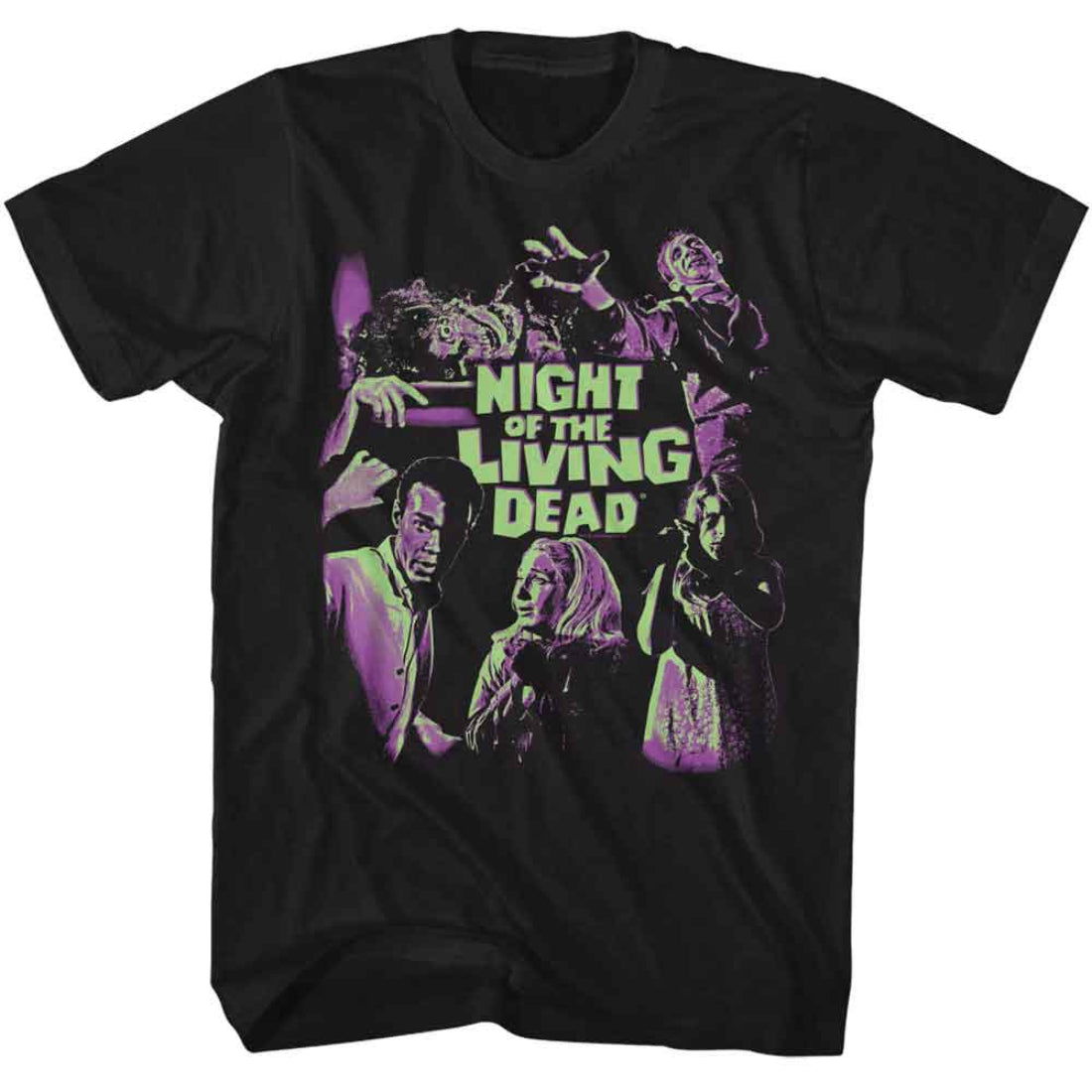 Black t-shirt with 'Night of the Living Dead' graphic design on a white background