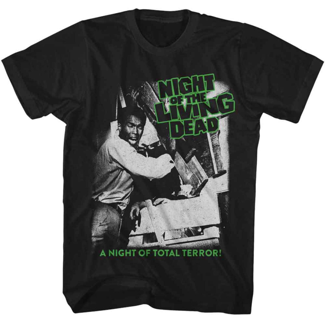 Black t-shirt with 'Night of the Living Dead' graphic design featuring a person and text.
