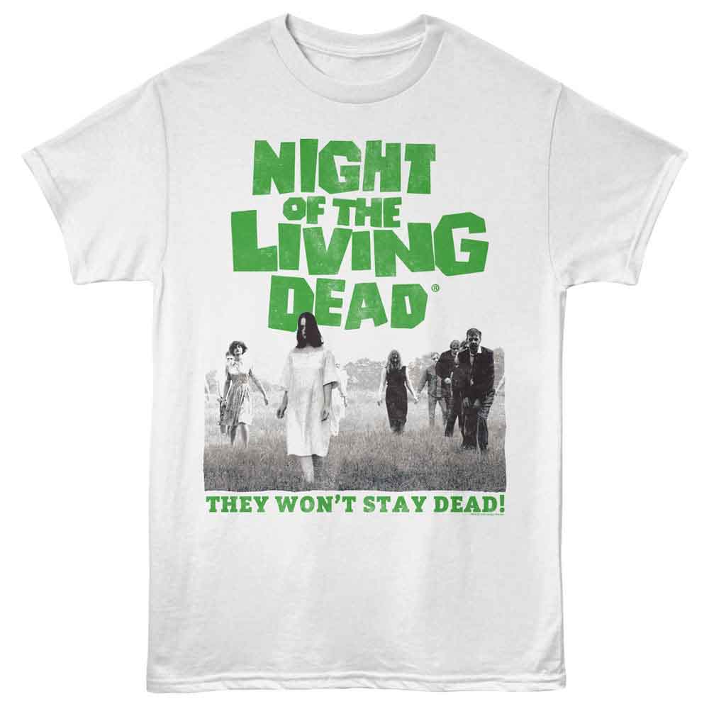 White t-shirt with 'Night of the Living Dead' graphic and text on a white background
