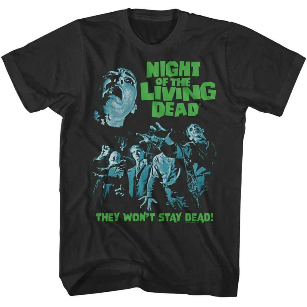 Black t-shirt with 'Night of the Living Dead' graphic design featuring zombies and text.
