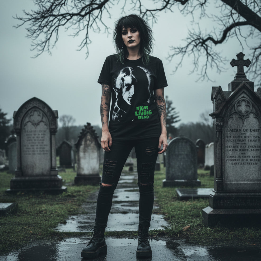 Woman wearing Black t-shirt with 'Night of the Living Dead' graphic design. NLD507S, NLD507M, NLD507L, NLD507XL, NLD507XXL, NLD507XXXL, NLD507XXXXL, NLD507XXXXXL