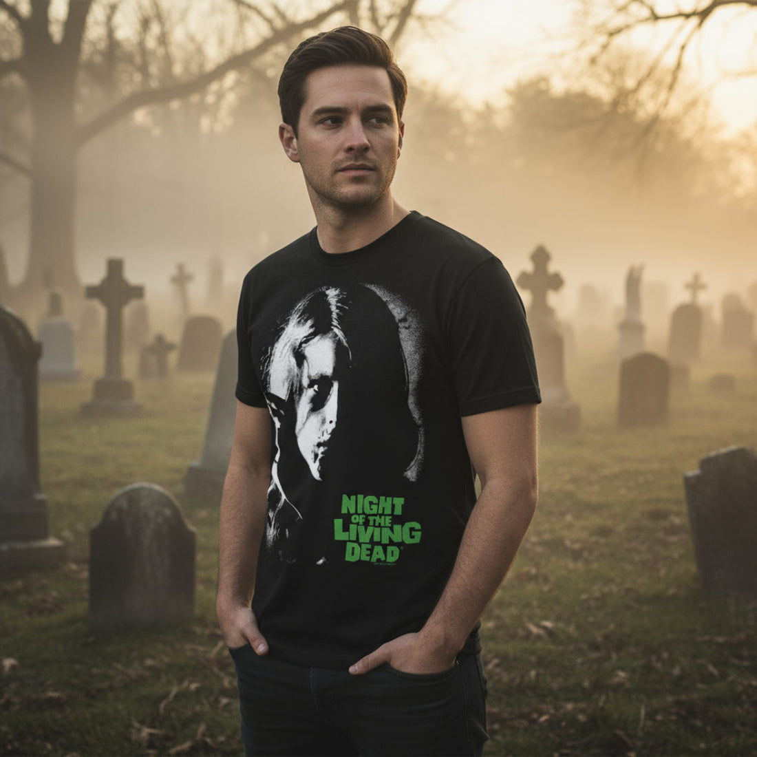 Man wearing Black t-shirt with 'Night of the Living Dead' graphic design NLD507S, NLD507M, NLD507L, NLD507XL, NLD507XXL, NLD507XXXL, NLD507XXXXL, NLD507XXXXXL