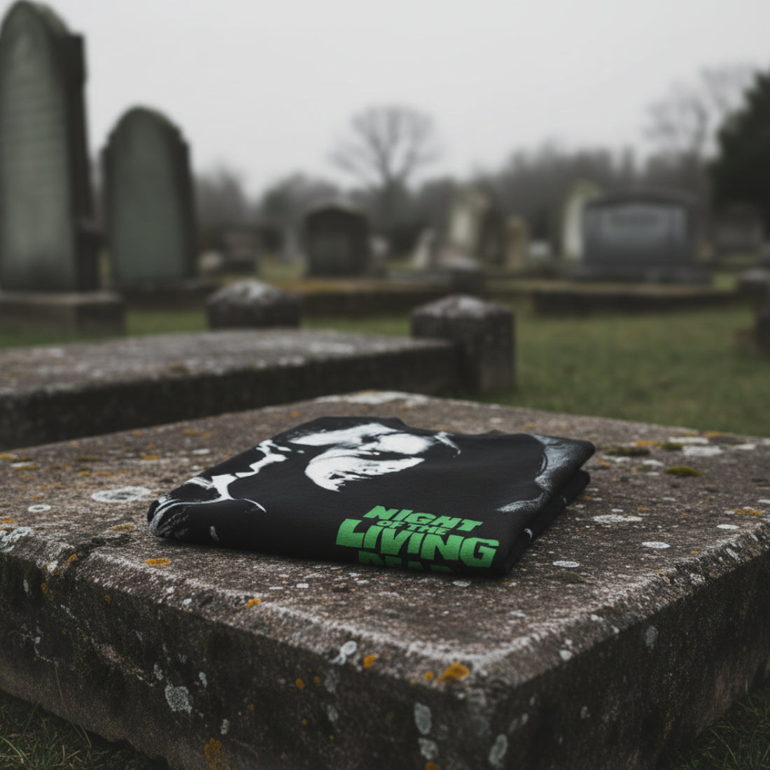 Black t-shirt with 'Night of the Living Dead' graphic design folded. NLD507S, NLD507M, NLD507L, NLD507XL, NLD507XXL, NLD507XXXL, NLD507XXXXL, NLD507XXXXXL