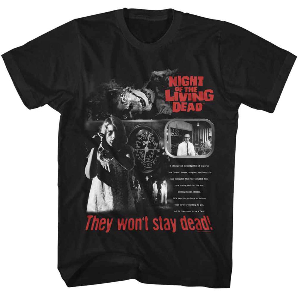 Black t-shirt with 'Night of the Living Dead' movie poster design featuring text and images.