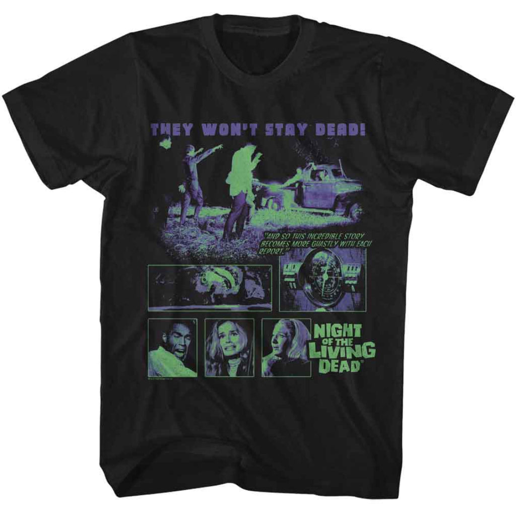 Black t-shirt with 'Night of the Living Dead' graphic design featuring text and images.