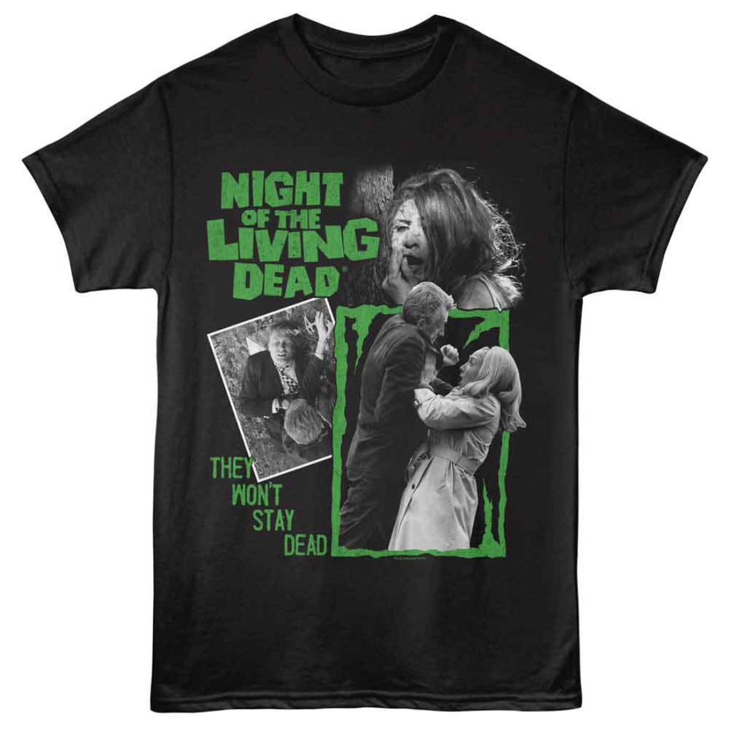 Black t-shirt with 'Night of the Living Dead' graphic design featuring a woman and a man in a green frame.