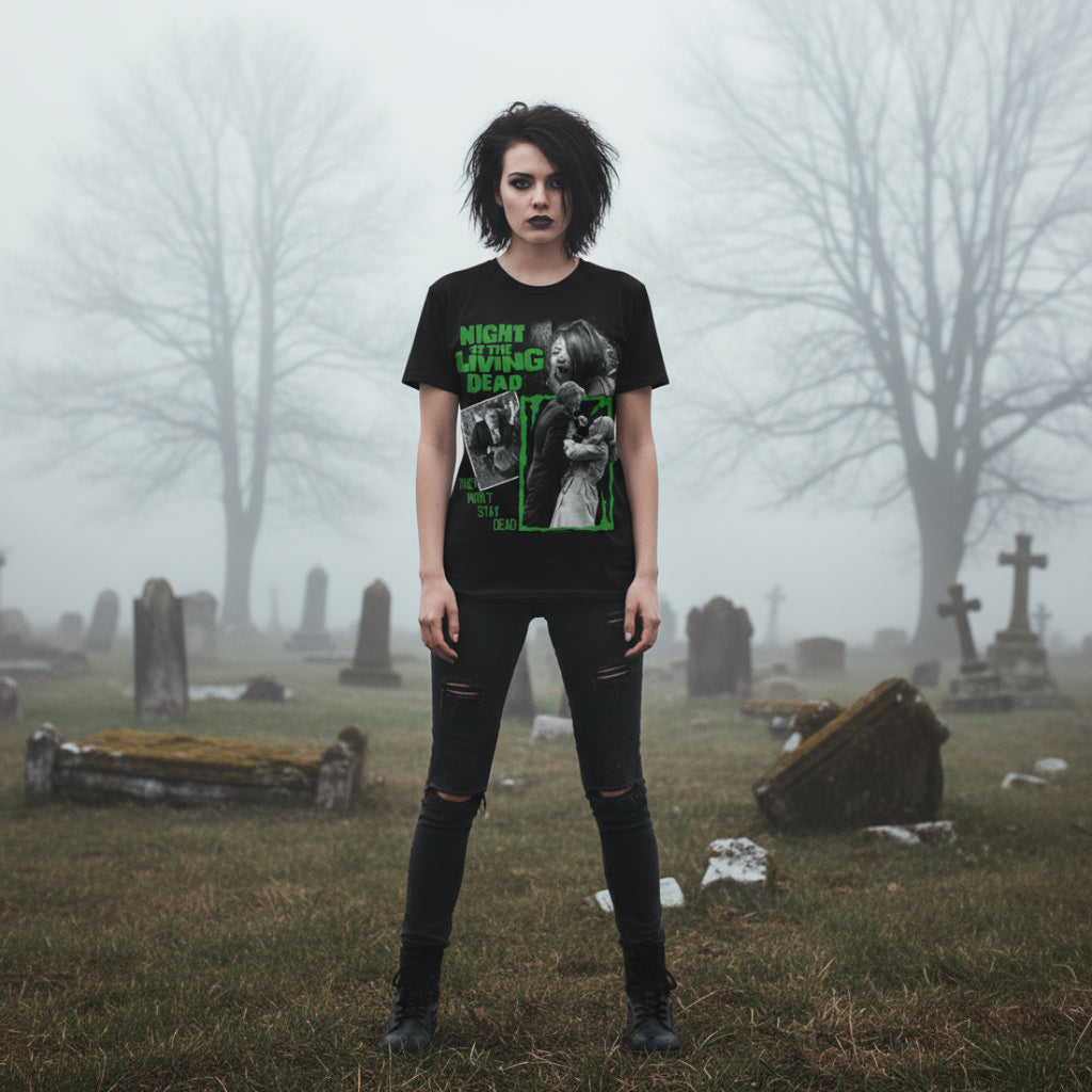 Goth woman wearing Black t-shirt with 'Night of the Living Dead' graphic design featuring a woman and a man in a green frame. NLD511S, NLD511M, NLD511L, NLD511XL, NLD511XXL, NLD511XXXL, NLD511XXXXL, NLD511XXXXXL