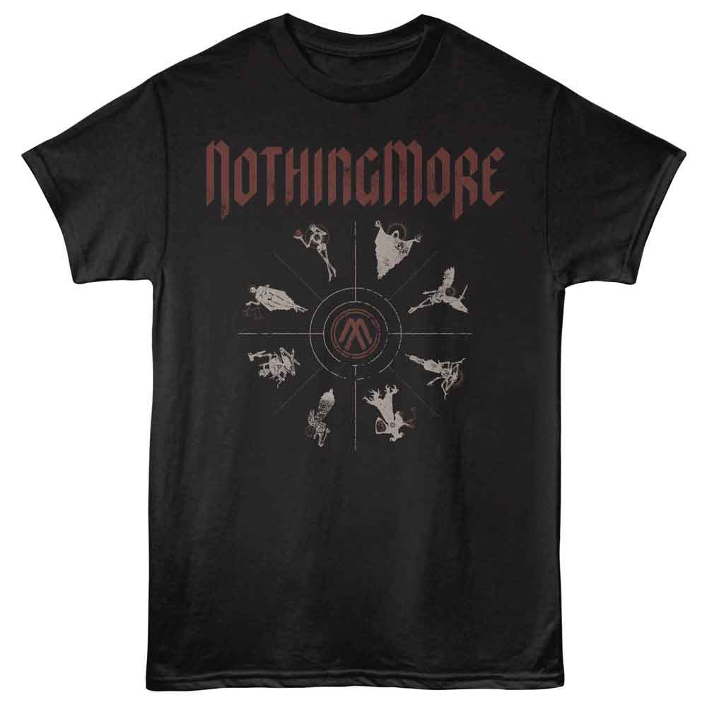 Black t-shirt with 'Nothingmore' band logo and design on a white background