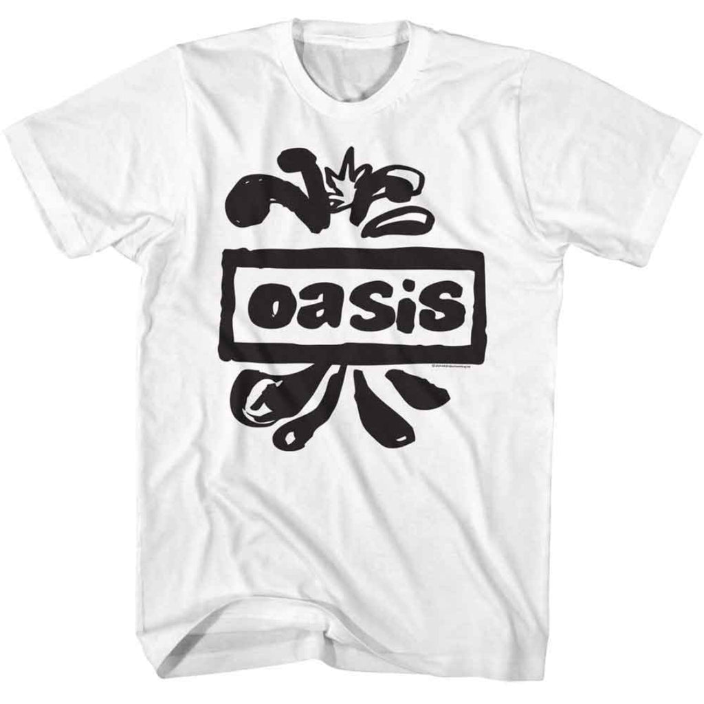 White t-shirt with black 'oasis' logo on a white background