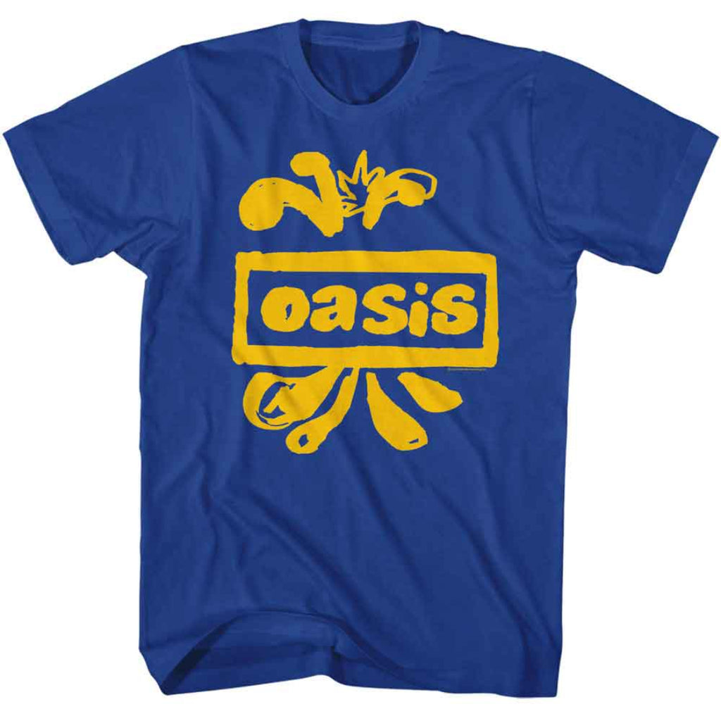 Blue t-shirt with yellow 'oasis' logo on a white background