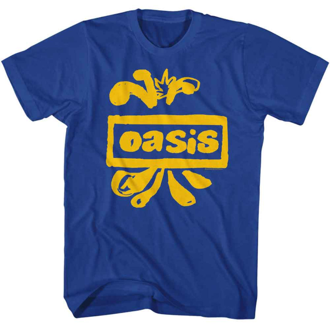 Blue t-shirt with yellow 'oasis' logo on a white background