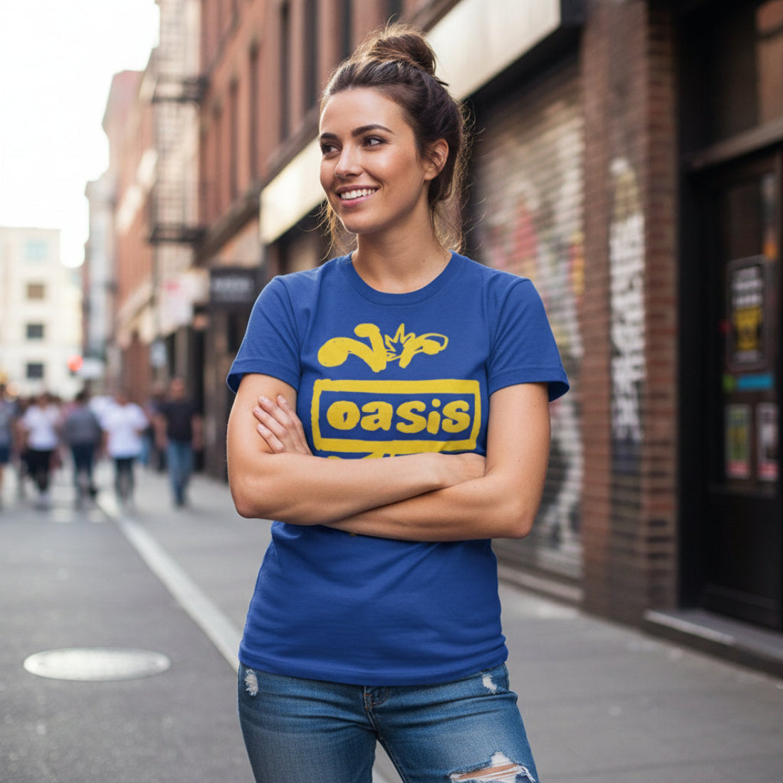 Woman wearing Blue t-shirt with yellow 'oasis' logo OAS525S, OAS525M, OAS525L, OAS525XL, OAS525XXL, OAS525XXXL, OAS525XXXXL, OAS525XXXXXL