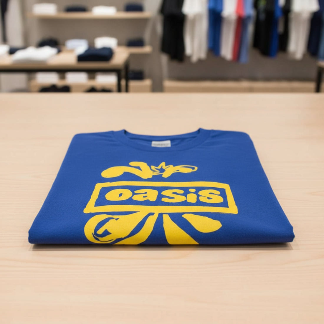 Blue t-shirt with yellow 'oasis' logo folded on a table OAS525S, OAS525M, OAS525L, OAS525XL, OAS525XXL, OAS525XXXL, OAS525XXXXL, OAS525XXXXXL