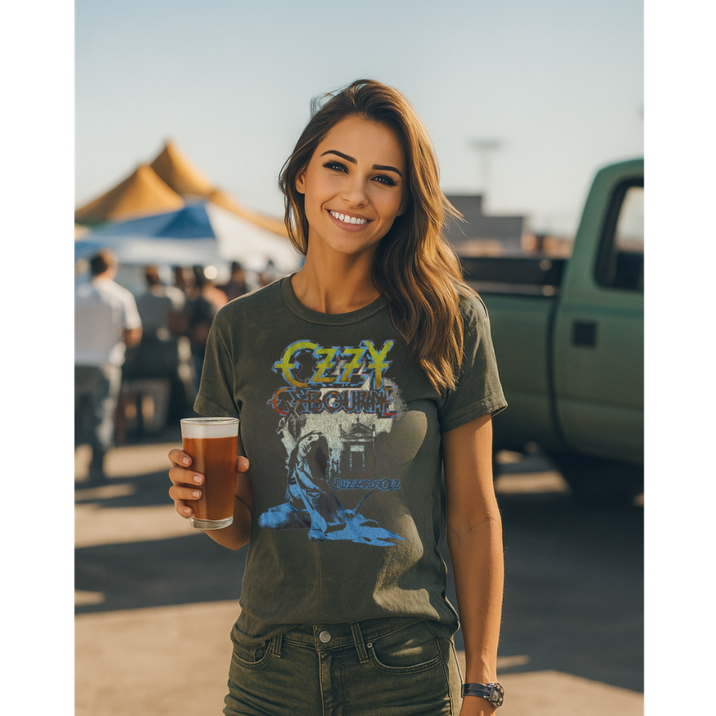 Woman wearing a OZZY Blizzard of Ozz t-shirt holding a beer at an outdoor event OZZY509S, OZZY509M, OZZY509L, OZZY509XL, OZZY509XXL