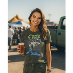 Woman wearing a OZZY Blizzard of Ozz t-shirt holding a beer at an outdoor event OZZY509S, OZZY509M, OZZY509L, OZZY509XL, OZZY509XXL