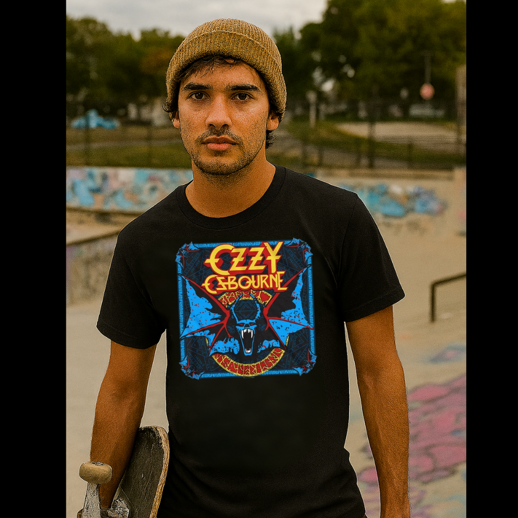Person wearing an Ozzy Osbourne t-shirt at a skate park OZZY5129S, OZZY5129M, OZZY5129L, OZZY5129XL, OZZY5129XXL, OZZY5129XXXL, OZZY5129XXXXL, OZZY5129XXXXXL