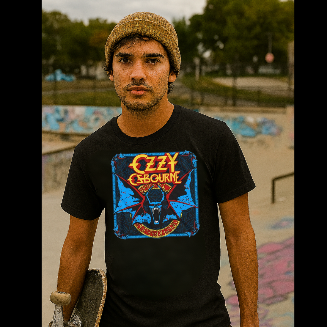 Person wearing an Ozzy Osbourne t-shirt at a skate park OZZY5129S, OZZY5129M, OZZY5129L, OZZY5129XL, OZZY5129XXL, OZZY5129XXXL, OZZY5129XXXXL, OZZY5129XXXXXL