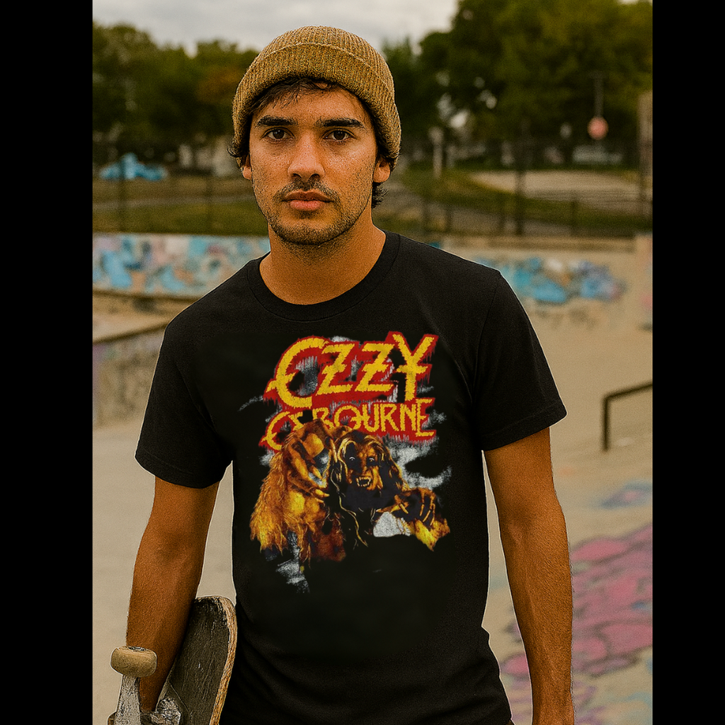 Person wearing an Ozzy Osbourne t-shirt at a skate park OZZY515S, OZZY515M, OZZY515L, OZZY515XL, OZZY515XXL, OZZY515XXXL, OZZY515XXXXL, OZZY515XXXXXL