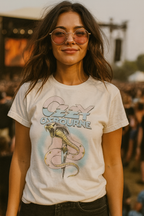 Woman wearing a white Ozzy t-shirt with a graphic design at an outdoor event OZZY516S, OZZY516M, OZZY516L, OZZY516XL, OZZY516XXL, OZZY516XXXL, OZZY516XXXXL, OZZY516XXXXXL