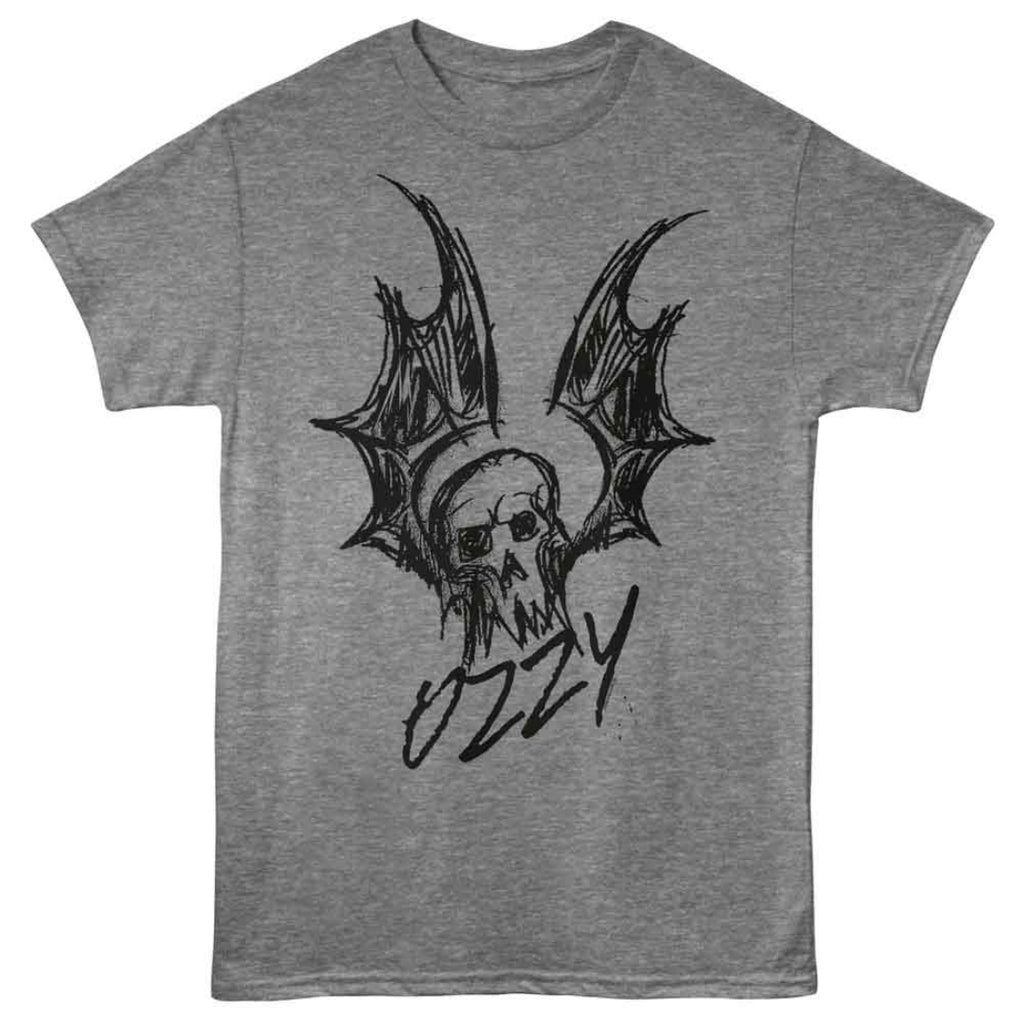 Gray t-shirt with a black graphic design of a skull with wings and the name 'Ozzy' on a white background