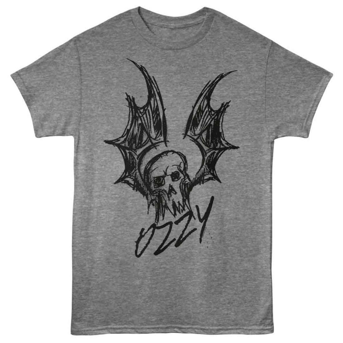 Gray t-shirt with a black graphic design of a skull with wings and the name 'Ozzy' on a white background
