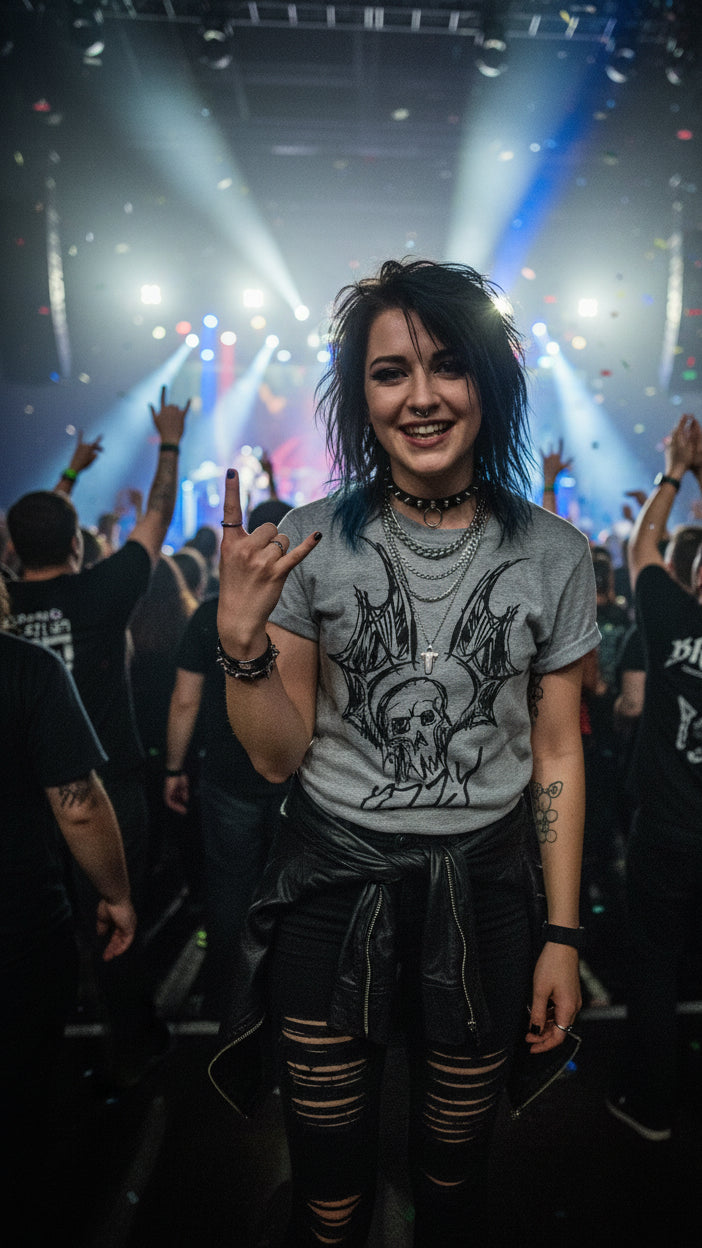 WOMAN WEARING OZZY BAT SKULL TEE OZZY520S, OZZY520M, OZZY520L, OZZY520XL, OZZY520XXL, OZZY520XXXL, OZZY520XXXXL, OZZY520XXXXXL
