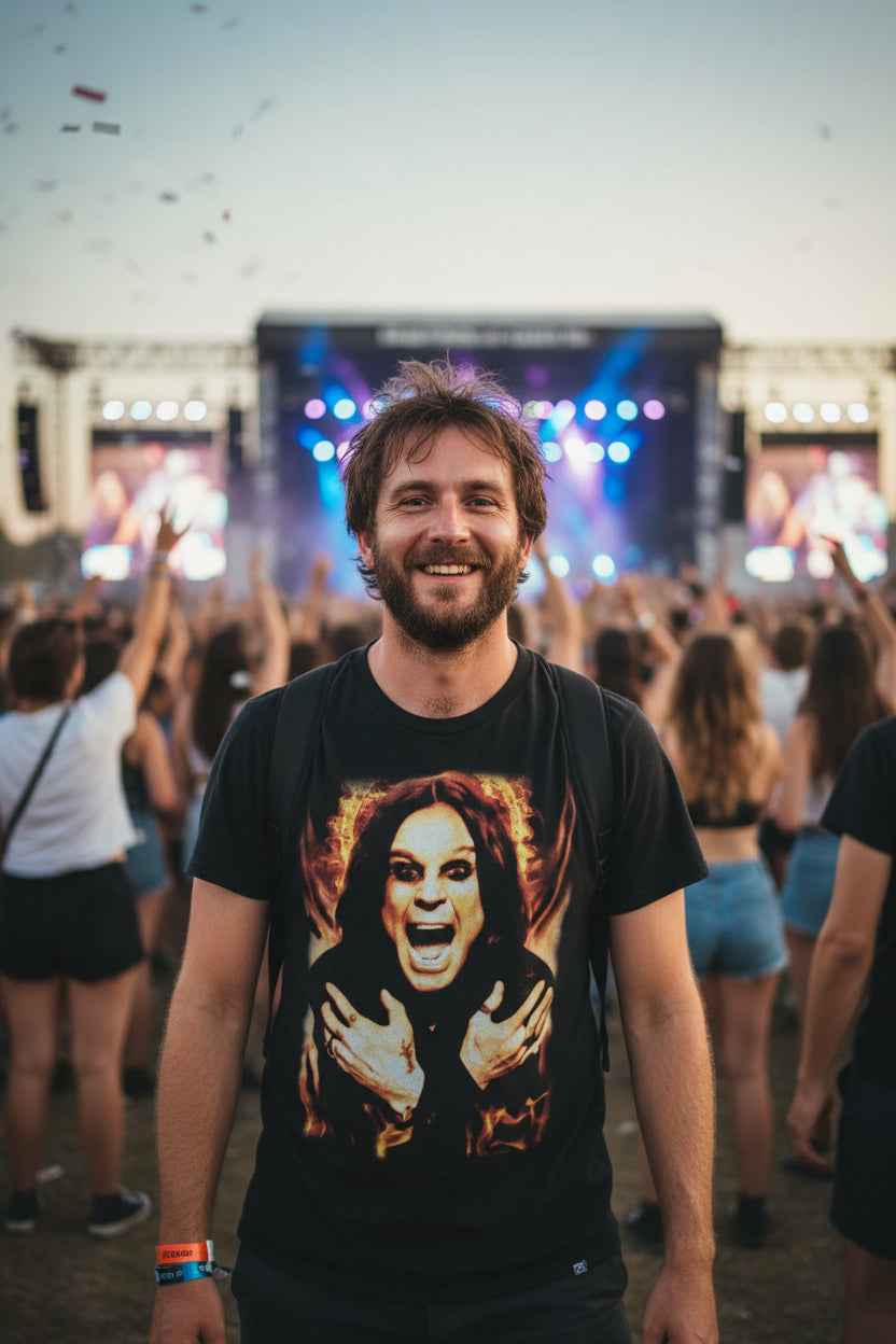 MAN WEARING OZZY OSBOURNE TEE OZZY521S, OZZY521M, OZZY521L, OZZY521XL, OZZY521XXL, OZZY521XXXL, OZZY521XXXXL, OZZY521XXXXXL