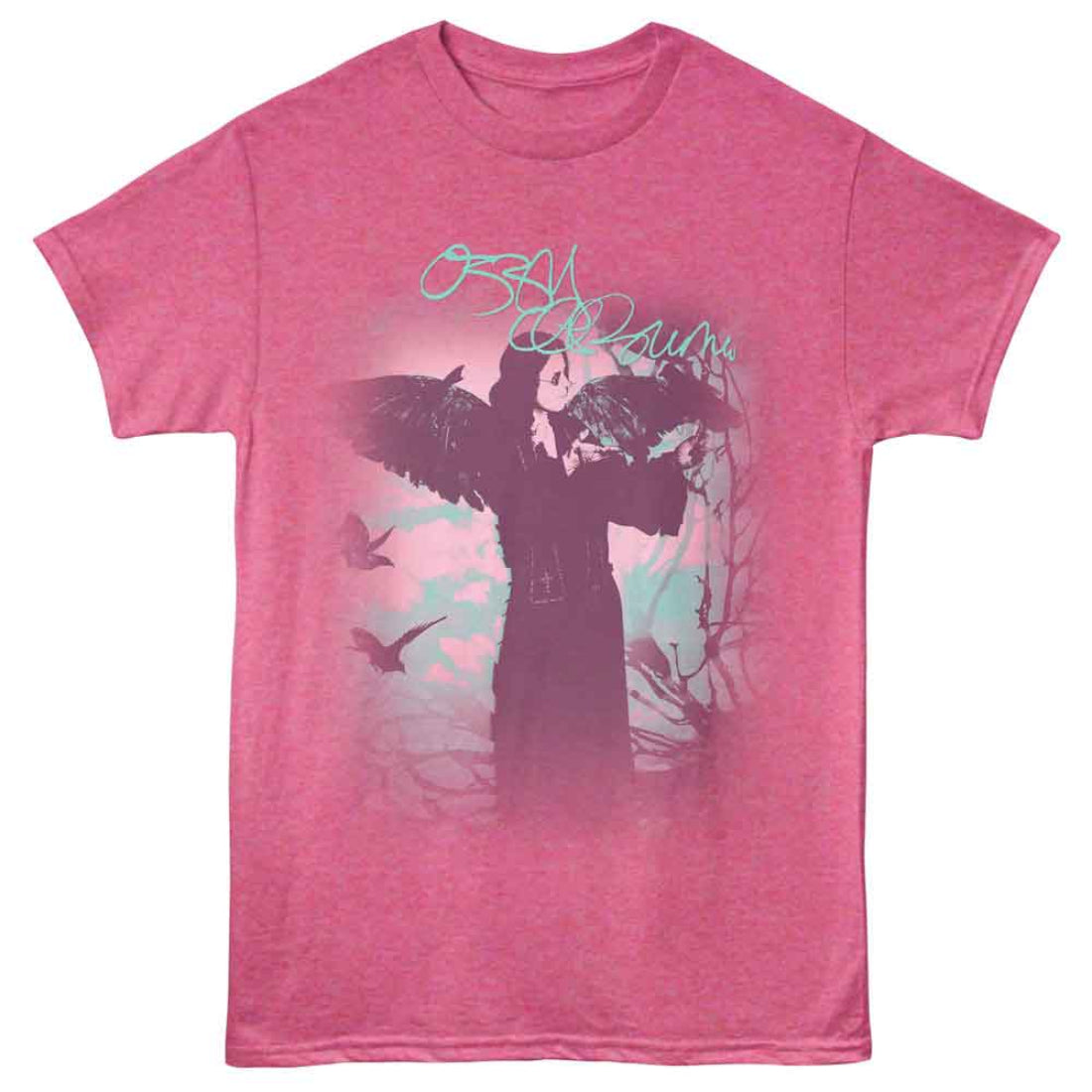Pink t-shirt with a graphic design of Ozzy Osbourne holding birds