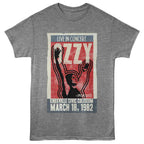 Gray t-shirt with Ozzy Osbourne concert poster design on a white background